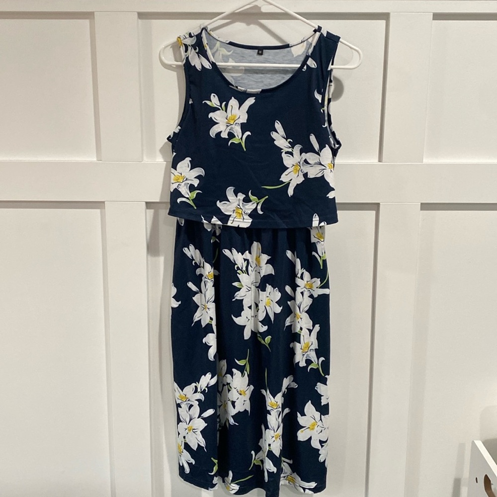 Navy flowered postpartum or maternity dress